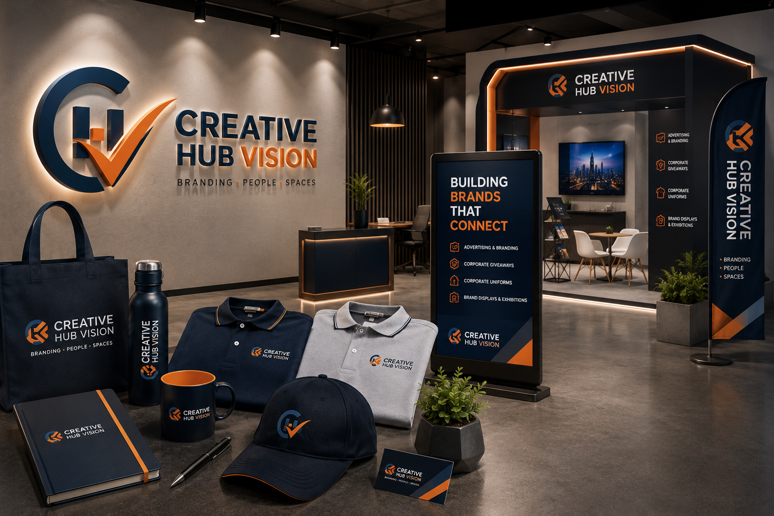 Creative Hub Vision branded products including bags, drinkware, uniforms, roll-up banners and display stands