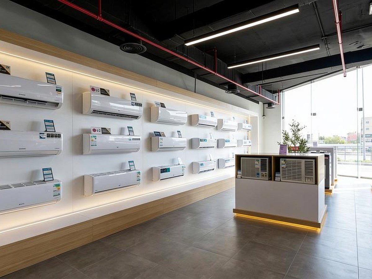 Wall-mounted split AC units displayed in a retail showroom