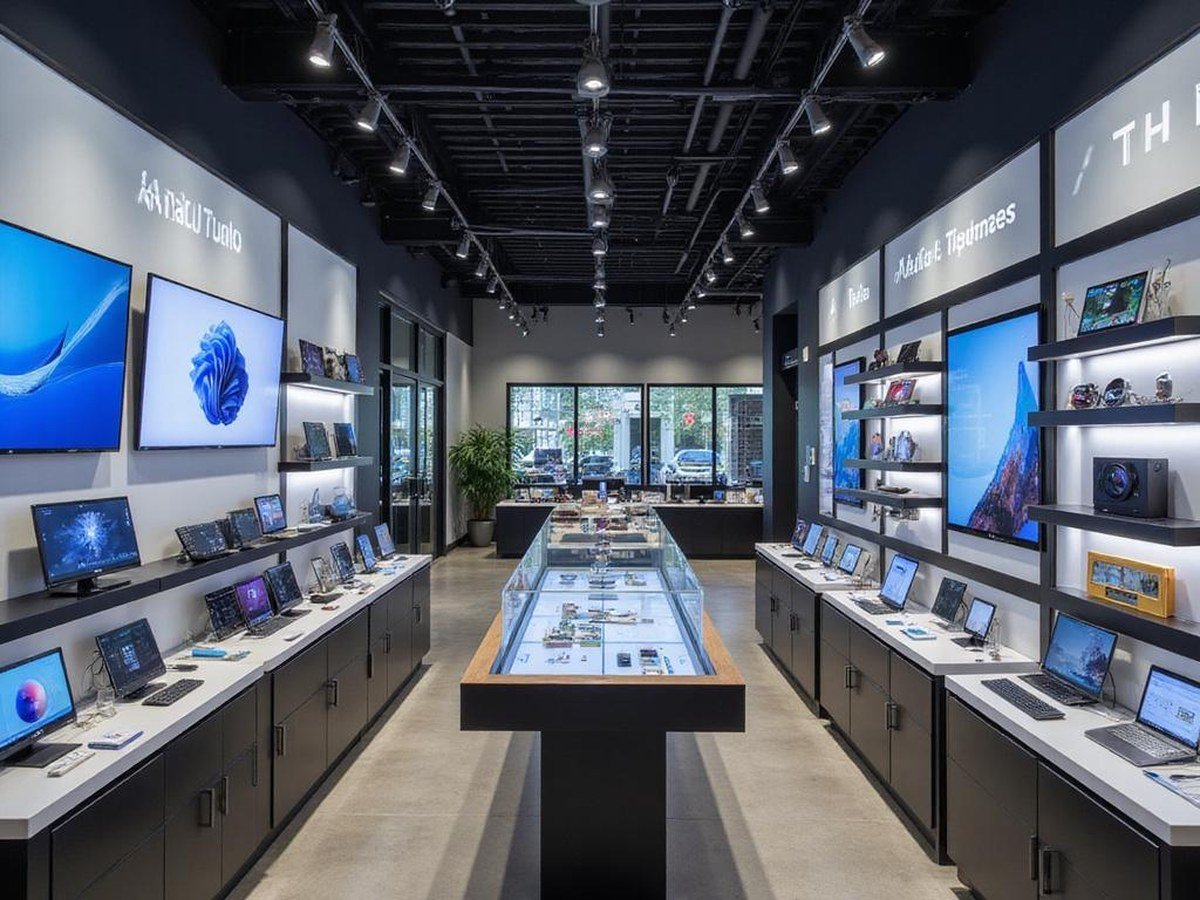 Electronics showroom aisle with wall-mounted screens and display counters