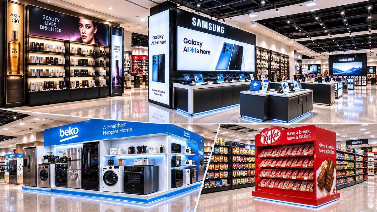 Retail brand activation displays showcase featuring beauty, Samsung, Beko appliances and KitKat promotional displays