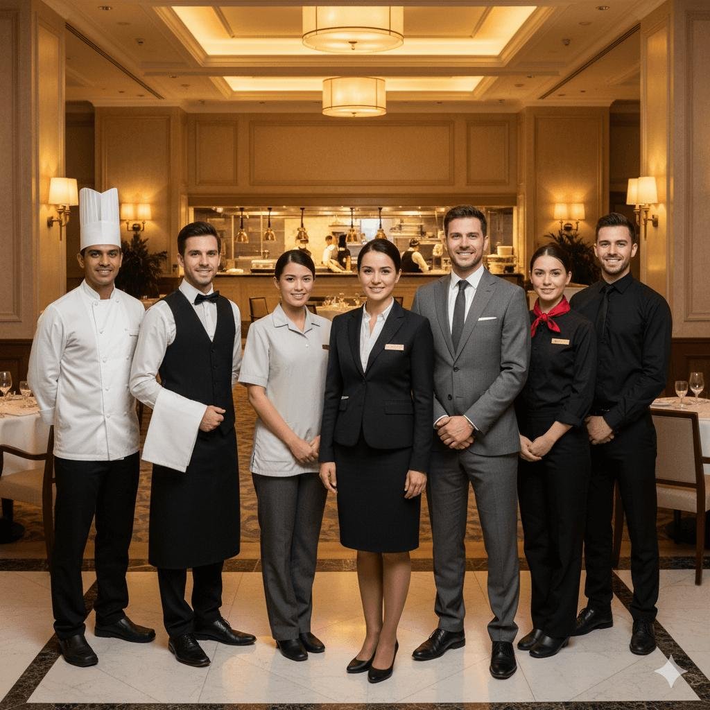 Hospitality uniform set for chef, waitstaff, front-of-house and management team
