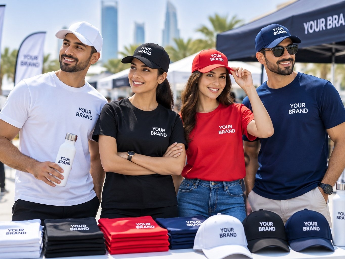 Team wearing branded promotional T-shirts and caps at an outdoor event