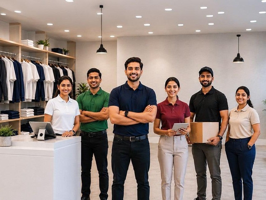 Retail and customer service team in branded polo shirts inside a clothing store