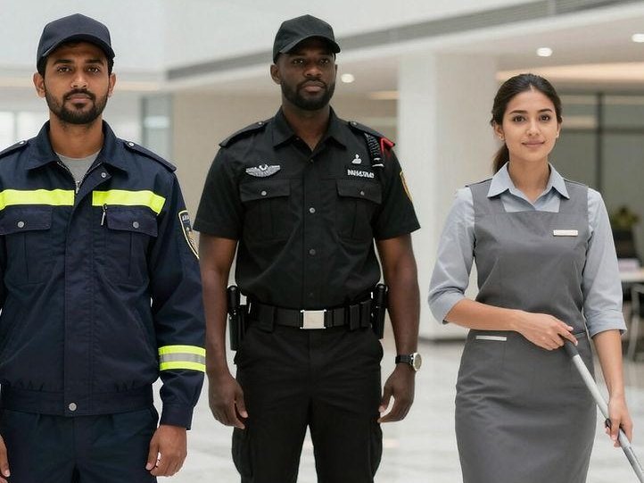 Security and facilities staff in uniform in an office lobby