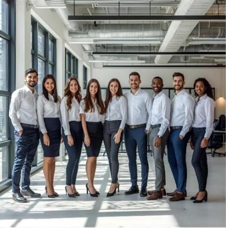 Corporate office uniform team in coordinated shirts and trousers for reception and administration staff