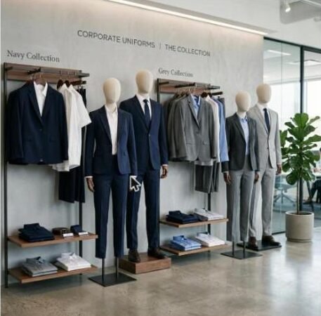 Corporate uniforms boutique-style retail display with navy and grey collection suits on mannequins